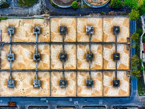 Aerial view of aeration basins at a water treatment works