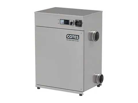 A stainless steel adsorption dehumidifier with round duct connections and a control panel