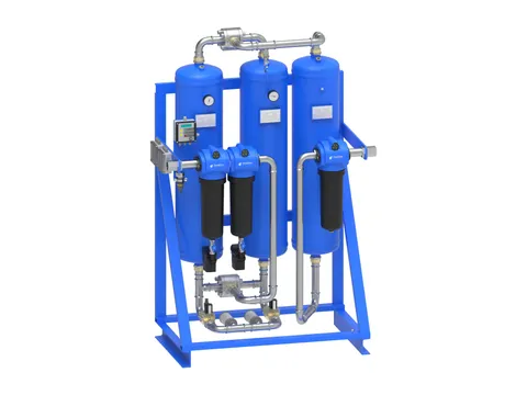 A breathing air system on a steel frame, with its filters, dryer towers and purification vessel