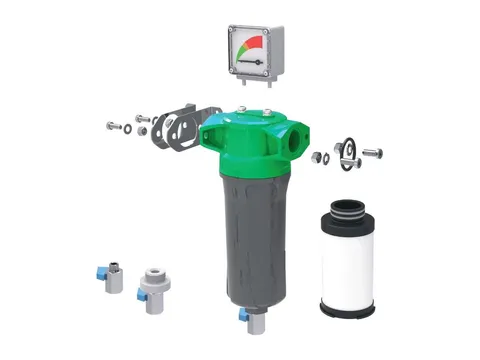 A CNG filter housing with a green head and grey bowl, shown with its differential pressure gauge, brackets, drain fittings and white element
