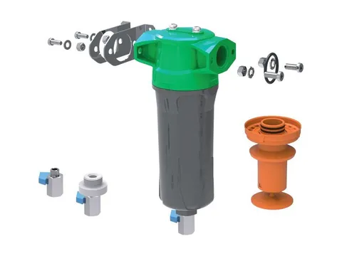 A CNG filter housing with a green head and grey bowl, shown with its brackets, drain fittings and an orange element