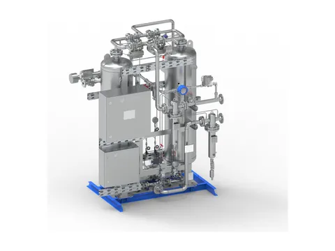 A twin-tower CO₂ adsorption dryer in stainless steel on a skid, with its valves, pipework and control panels