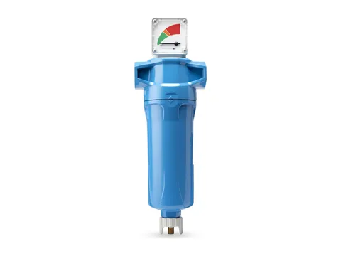 A blue coalescing filter housing with a differential pressure gauge on its head