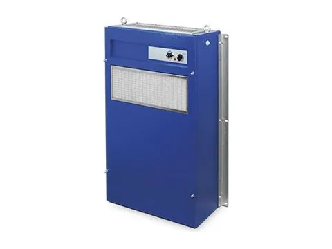 A slim blue wall-mounted crane air conditioner with a filter panel and controls