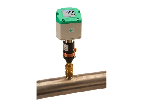 A fixed dew point meter with a digital display, fitted on top of a copper air line