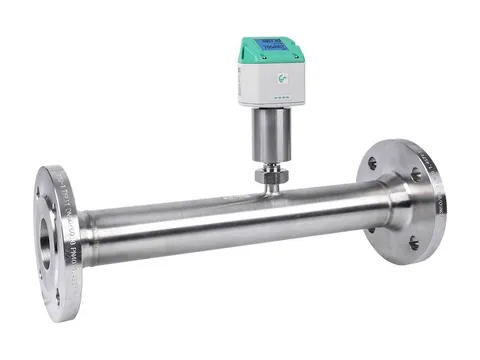 A thermal mass flow meter with its display head on a flanged stainless steel measuring section