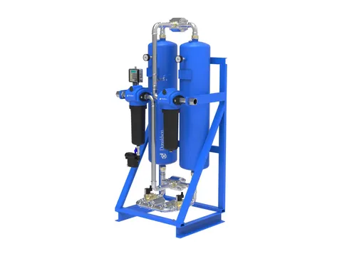 A twin-tower heatless desiccant dryer with coalescing pre-filters, on a steel stand