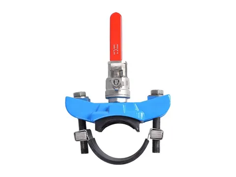 A saddle clamp with its strap and a full-bore ball valve with a red lever