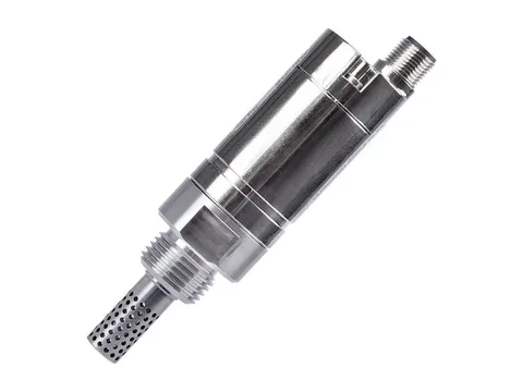 A stainless steel humidity and temperature probe with a threaded connection and a perforated sensor guard