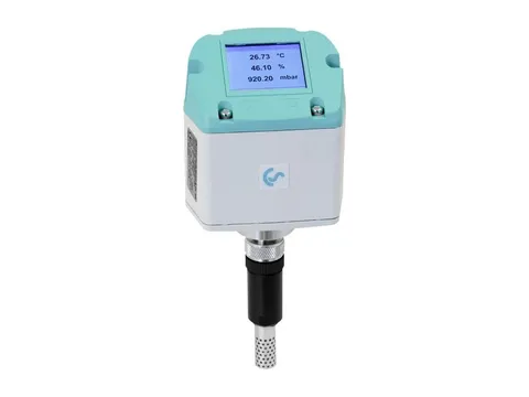 A humidity transmitter with a digital display reading temperature, relative humidity and pressure