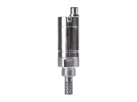 A stainless steel humidity probe standing upright, with its perforated sensor guard at the base