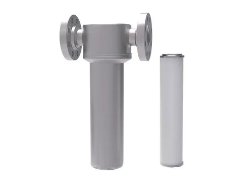 A flanged stainless steel hydrogen filter housing beside its long filter element