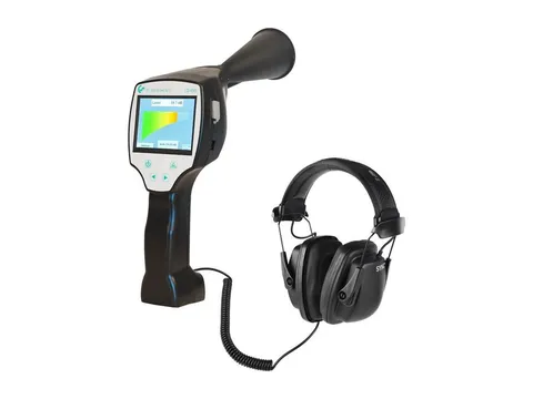 A handheld ultrasonic leak detector with a parabolic concentrator, colour screen and closed headphones