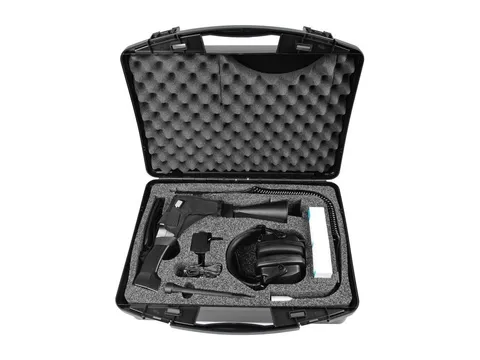 A leak detector kit in its foam-lined carry case, with concentrator, probe, charger and headphones