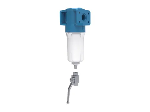 An oxygen filter housing with a blue head and a manual drain valve below its bowl