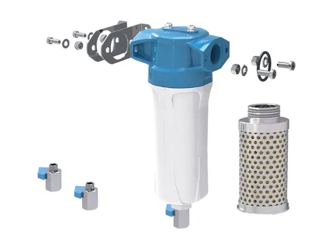 An oxygen filter with its mounting brackets, fittings and a perforated metal element laid out beside it