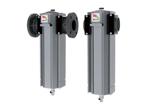 Two flanged aluminium particulate filter housings with differential pressure gauges