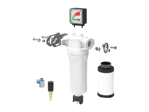 A white silicone-free filter housing with its differential pressure gauge, element, mounting brackets and drain laid out around it